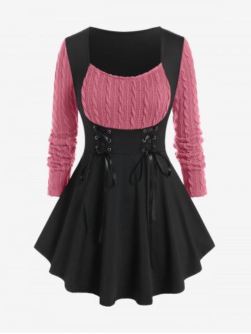Plus Size Cable Knit Panel Mixed Media Lace Up Tee - LIGHT PINK - L | US 12