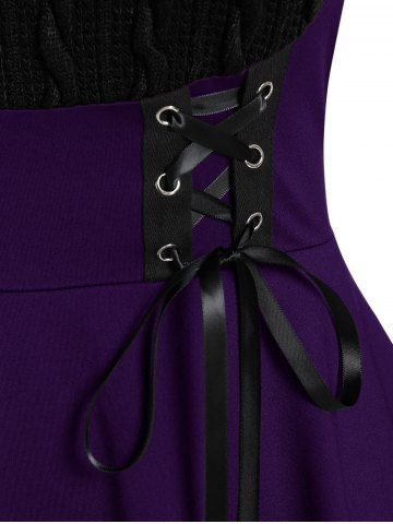 Plus Size Cable Knit Panel Mixed Media Lace Up Tee