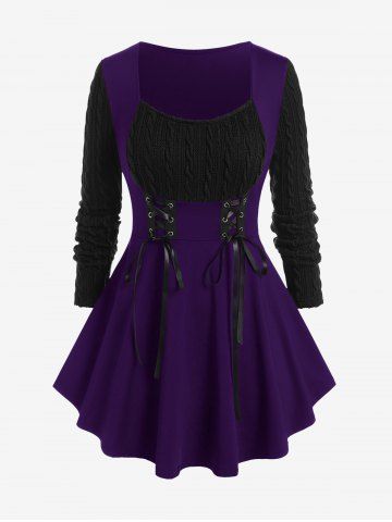 Plus Size Cable Knit Panel Mixed Media Lace Up Tee - PURPLE - 5X | US 30-32