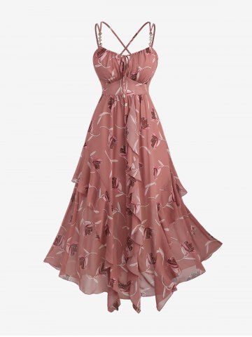 Plus Size Floral Leaves Print Crisscross Strappy Butterfly Buckle Decor Ruffles A Line Cami Dress - LIGHT PINK - 1X | US 14-16