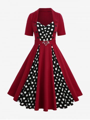 Plus Size Polka Dot Print Mock Buttons Heart Buckle Turn-down Collar Patchwork Ruched Vintage A Line Dress - DEEP RED - 4X | US 26-28