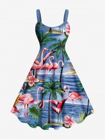 Plus Size Coconut Tree Flamingo Sea Flower Print Hawaii A Line Tank Dress - BLUE - S
