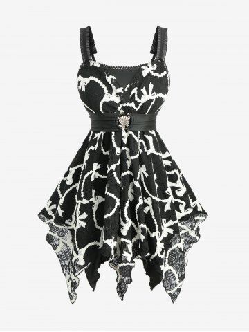 Plus Size Shell Buckle  Bowknot Embroidery Surplice Lace Trim Asymmetrical Tank Top - BLACK - M | US 10