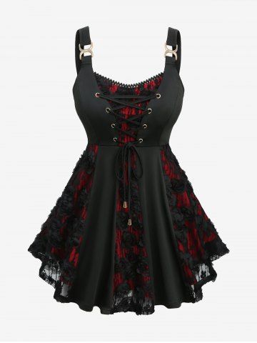 Plus Size Grommets Lace-up Rose Lace Jacquard Tank Top - BLACK - 4X | US 26-28