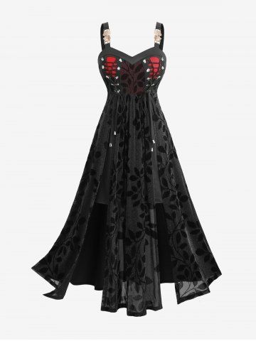 Plus Size Silver Leaf Flocking Lace Up Braided Panel Buckle Maxi Tank Dress - BLACK - 5X | US 30-32
