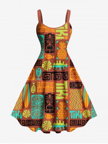 Robe débardeur grande taille à imprimé ethnique floral, poisson et ananas, style hawaïen, coupe trapèze - COFFEE - XXS