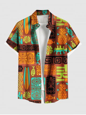 Plus Size Ethnic Graphic Flower Fish Pineapple Print Hawaii Button Pocket Shirt For Men - ORANGE - 2XL