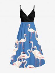 Robe Ligne A Superposée Flamant Imprimé à Bretelle de Grande Taille - Bleu S