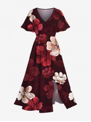Robe Mi-Longue Hawaïen Ligne A Fendue Fleurie Imprimée de Grande Taille avec Poche - Rouge foncé M