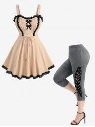 Bowknot Textured Two Tone Top and Floral Lace Patchwork Lace-up Marled Capri Leggings Plus Size Outfit -  