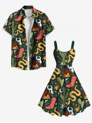 Colorful Skull Snake Cactus Plant Crab Moon Print Plus Size Matching Hawaii Beach Outfit For Couples -  