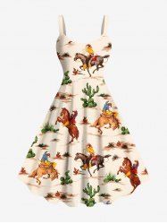 Plus Size Cactus Horse Knight Print Hawaii A Line Tank Dress -  