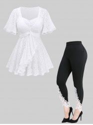 Hollow Out Floral Embroidery T-shirt and Appliques Leggings Plus Size Outfit -  