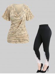 Mathematical Formula Print Cowl Neck T-shirt and Appliques Leggings Plus Size Outfit -  