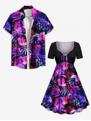 Tropical Leaf Hibiscus Flowers Print Plus Size Matching Hawaii Beach Outfit For Couples -  