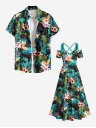 Tropical Leaf Flowers Print Plus Size Matching Hawaii Beach Outfit For Couples -  