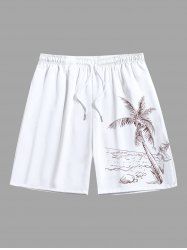 Short de Plage Hawaïen à Imprimé Cocotiers et Paysage Marin Grande-Taille pour Hommes - Blanc 4XL