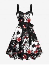 Plus Size Poker Casino Chips Skull Print Buttons Turn Down Collar Hawaii Dress With Belt -  