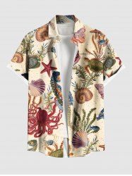 Plus Size Seahorse Starfish Water Grass Shell Octopus Turtle Print Hawaii Sea Creatures Button Pocket Shirt For Men -  