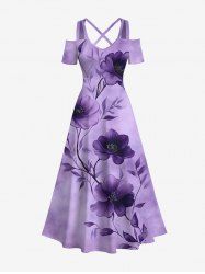 Maxi Robe Croisée Teintée Fleur Imprimée à Epaule Dénudée de Grande Taille - Pourpre  1X