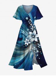 Plus Size Flowers Galaxy Swirls Light Beam 3D Print Split Hawaii Midi Dress -  