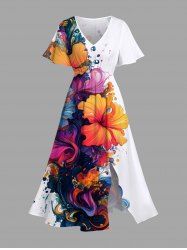 Robe Hawaïen Mi-Longue Fendue Fleur Colorée et Peinture Eclaboussée Imprimées de Grande Taille - Blanc 4X