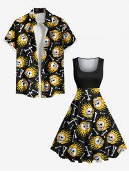 Skulls Fire Flame Print Plus Size Matching Dress and Shirt For Couples -  