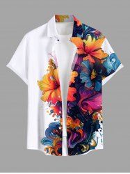 Plus Size Colorful Flowers Paint Splatter Print Buttons Pocket Hawaii Shirt For Men -  