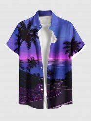 Plus Size Coconut Tree Moon Sea Ombre Sky Print Buttons Pocket Hawaii Shirt For Men - Pourpre  M