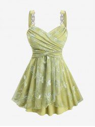 Plus Size Flower Print Embroidery Mesh Ruched Chains Surplice Ribbed Textured Tank Top -  