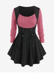 T-shirt à lacets en maille torsadée grande taille, matières mixtes - Rose clair 1X | US 14-16