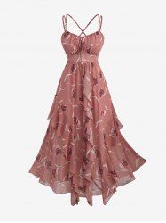 Robe camisole trapèze grande taille à imprimé floral et feuilles, bretelles croisées, boucle papillon décorative, volants - Rose clair 2X | US 18-20