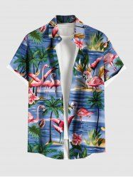 Plus Size Coconut Tree Flamingo Sea Flower Print Hawaii Button Pocket Shirt For Men -  