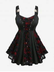 Plus Size Grommets Lace-up Rose Lace Jacquard Tank Top -  