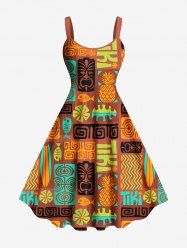 Plus Size Ethnic Graphic Flower Fish Pineapple Print Hawaii A Line Tank Dress -  