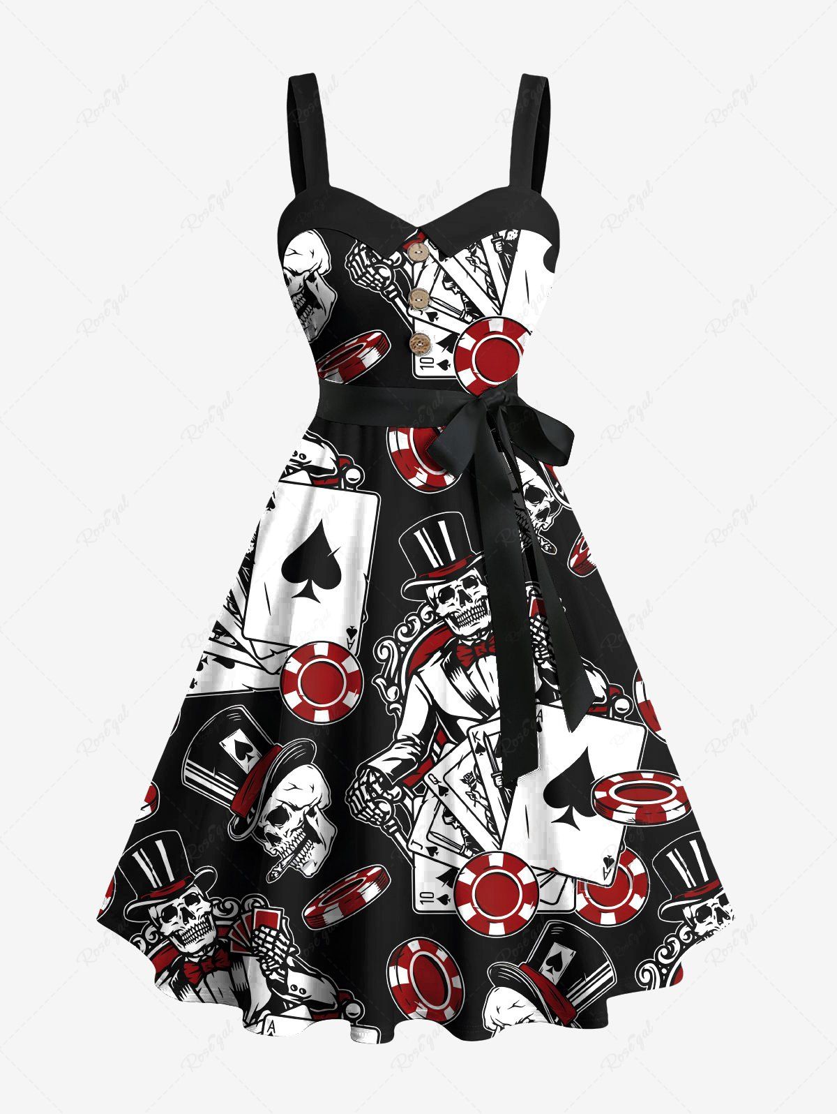 Fancy Plus Size Poker Casino Chips Skull Print Buttons Turn Down Collar Hawaii Dress With Belt  