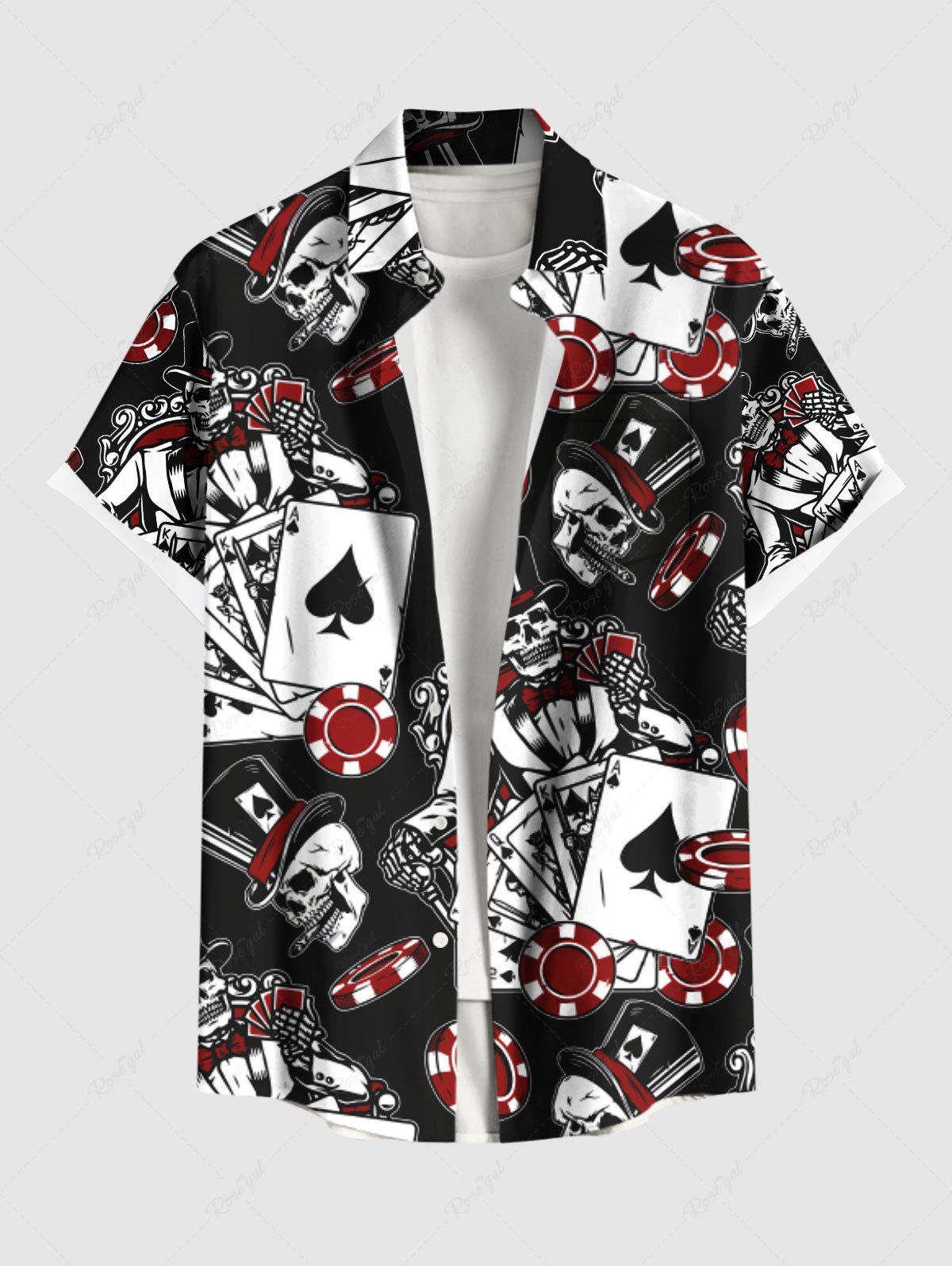 Trendy Plus Size Poker Casino Chips Skull Print Buttons Pocket Hawaii Shirt For Men  
