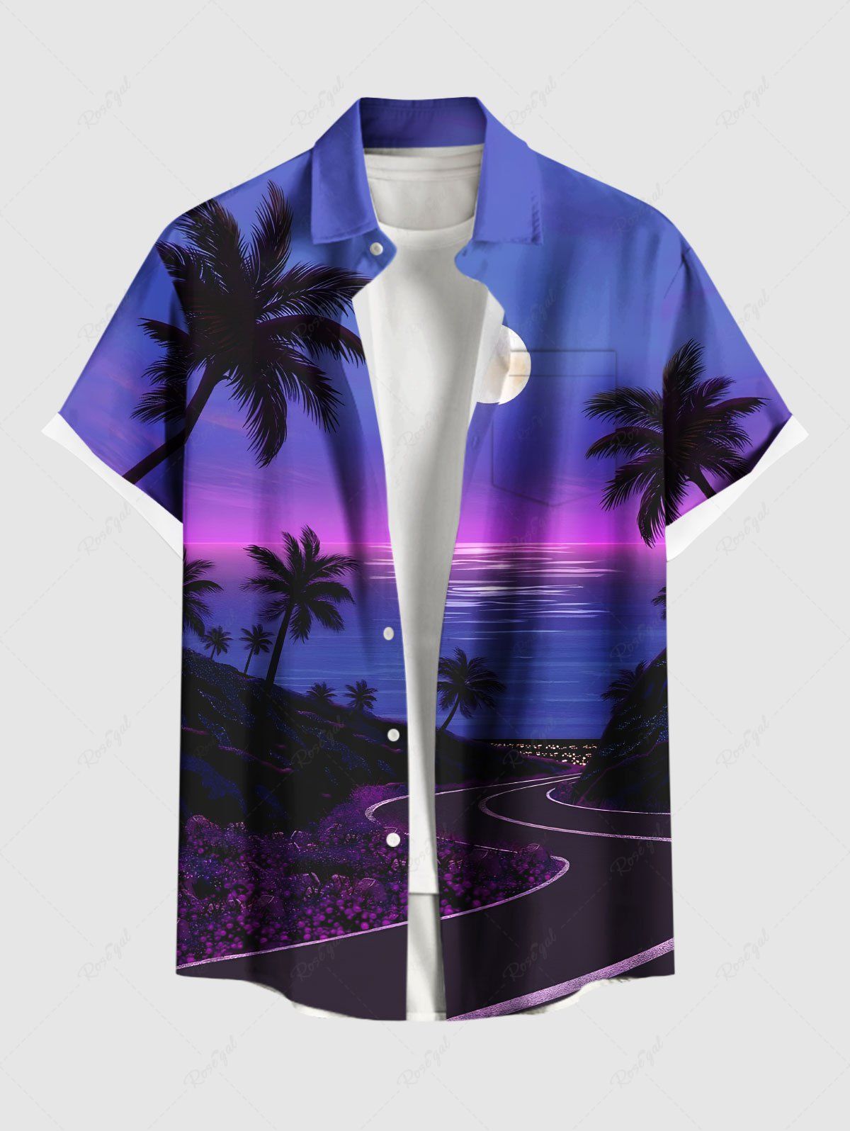 Fashion Plus Size Coconut Tree Moon Sea Ombre Sky Print Buttons Pocket Hawaii Shirt For Men  