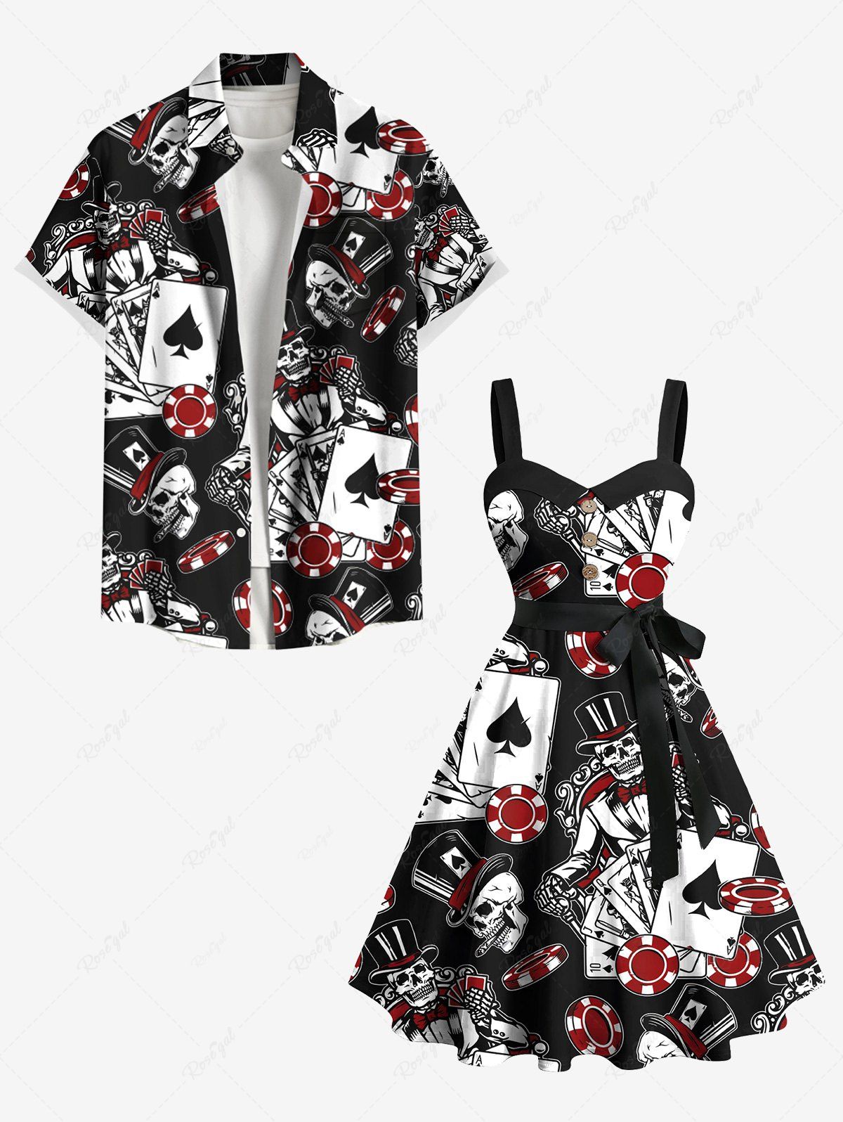 Hot Poker Casino Chips Skull Print Plus Size Matching Hawaii Beach Outfit For Couples  