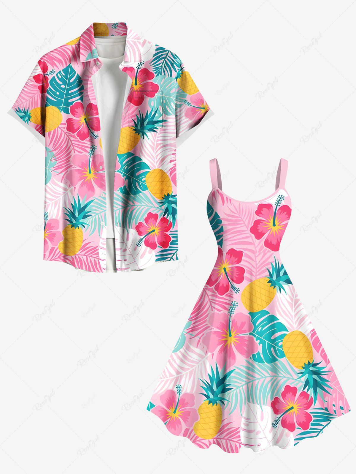 Tenue de Plage Feuille D'Ananas Fleur Imprimés de Grande Taille pour Couples Rose clair 