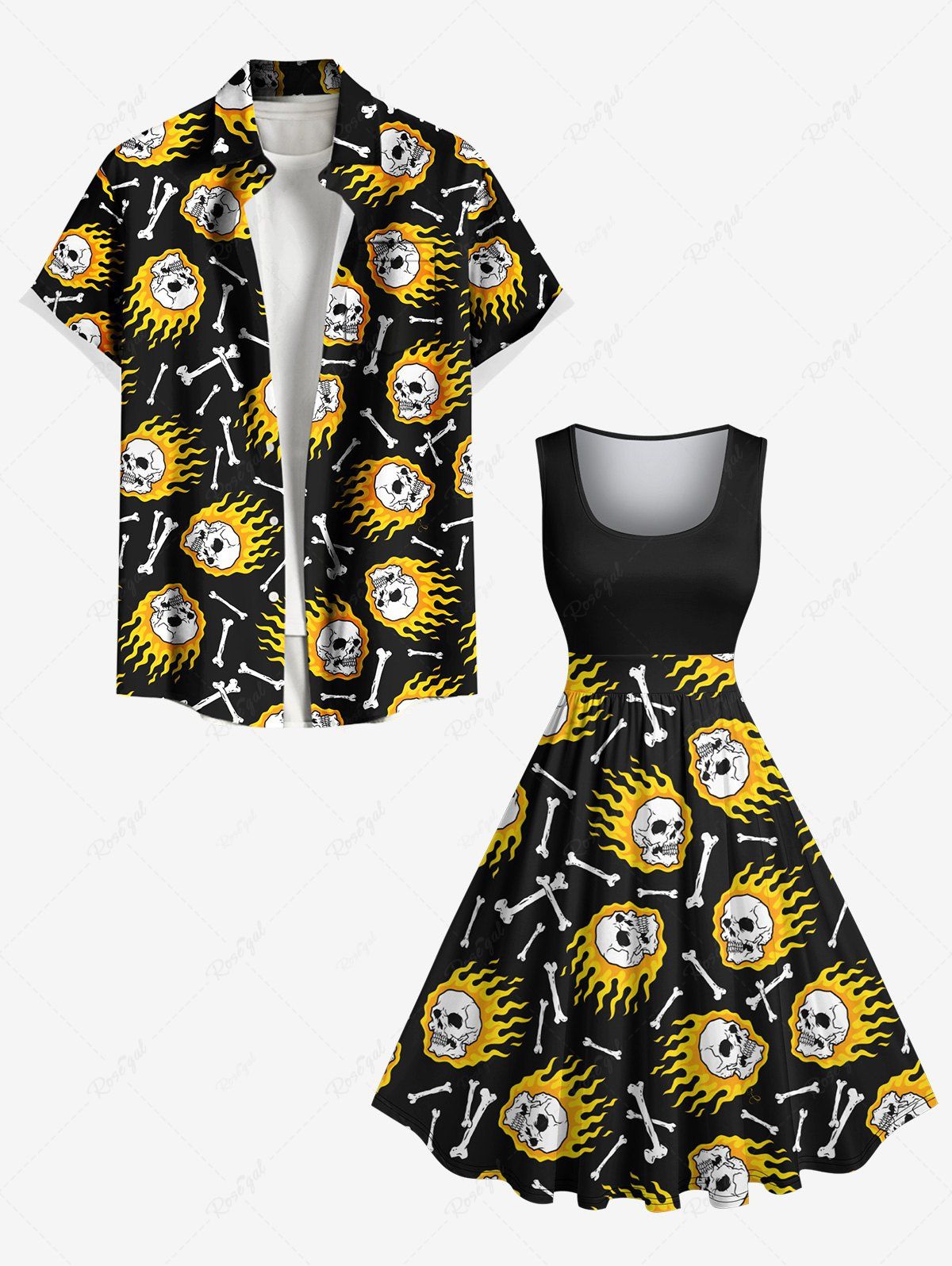 Fashion Skulls Fire Flame Print Plus Size Matching Dress and Shirt For Couples  