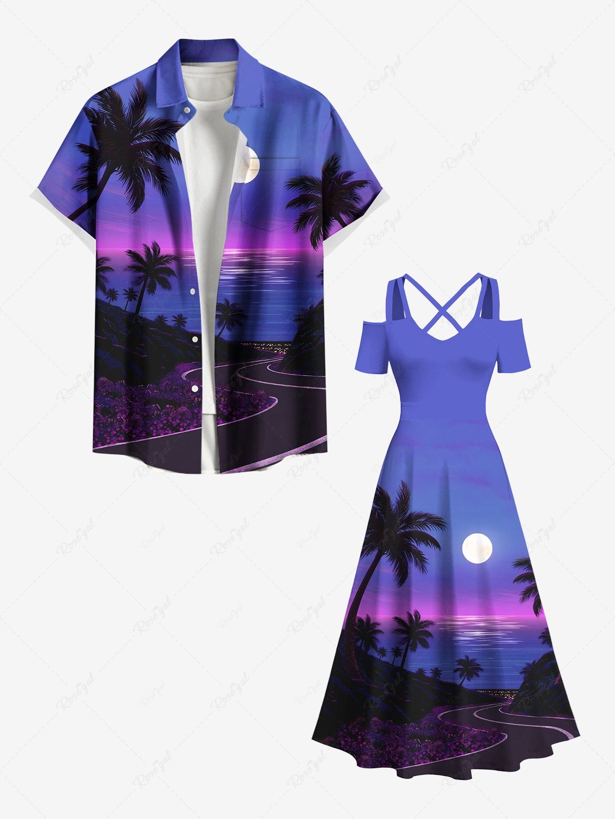 Short de Plage Transparent Ombré Imprimé Cocotier et Lune Grande Taille pour Couple Pourpre  
