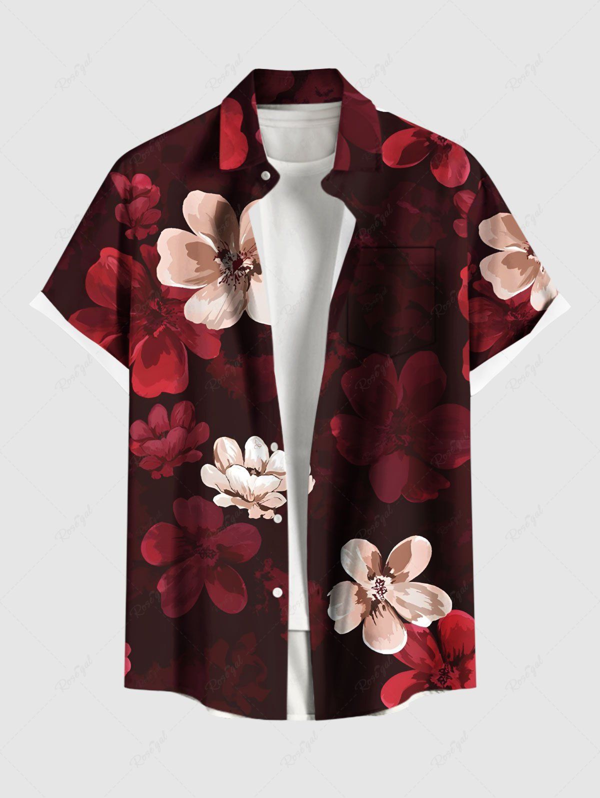 Sale Plus Size Ombre Floral Print Hawaii Button Pocket Shirt For Men  