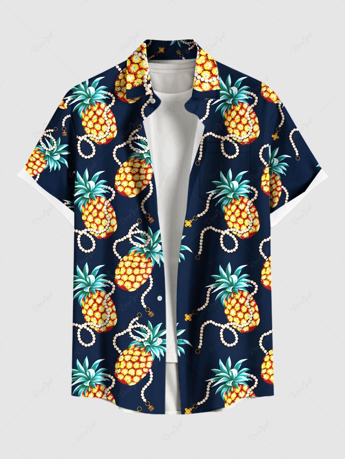 Affordable Plus Size Pineapple Beading Print Hawaii Button Pocket Shirt For Men  
