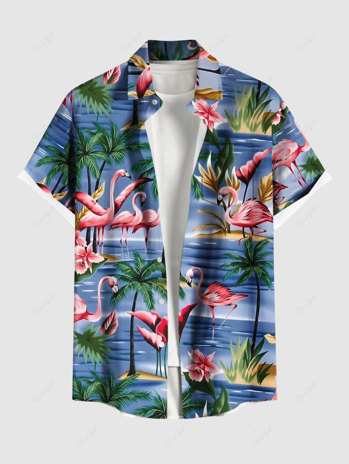 Buy Plus Size Coconut Tree Flamingo Sea Flower Print Hawaii Button Pocket Shirt For Men  