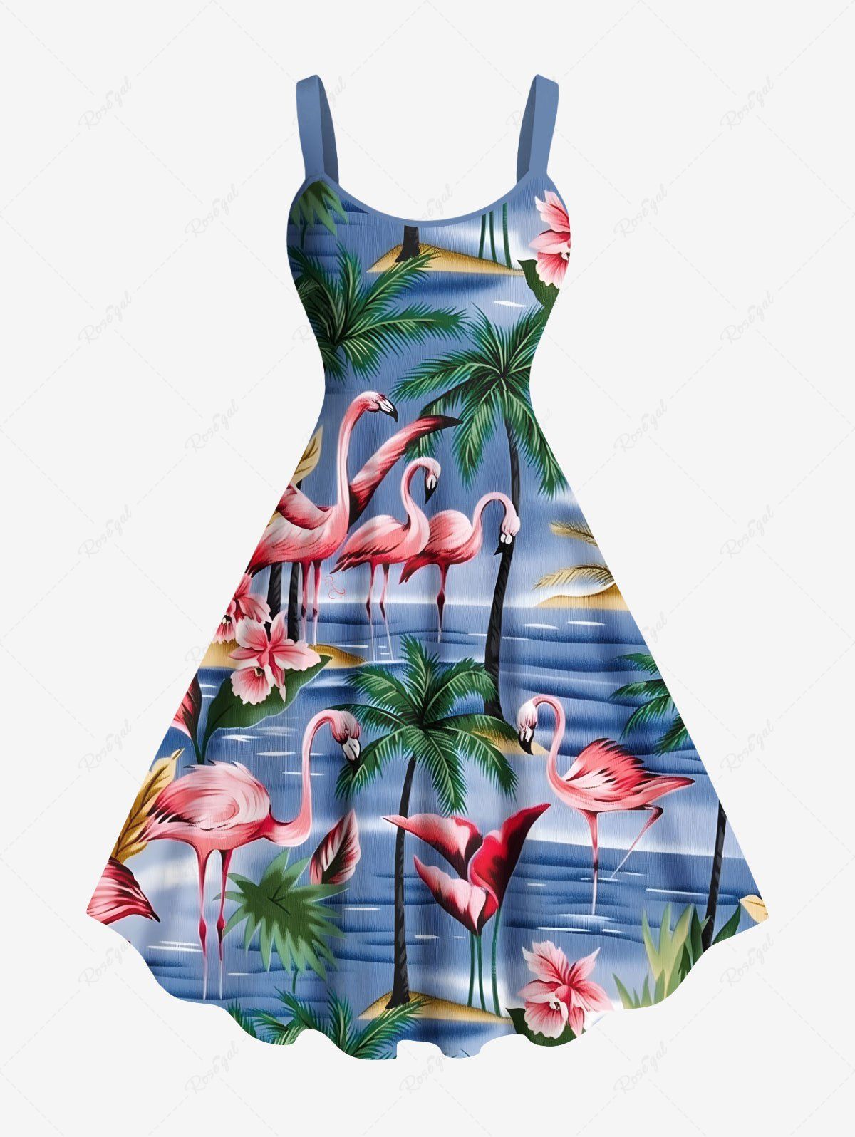 Robe débardeur grande taille à imprimé cocotier, flamant rose et fleurs de mer, coupe trapèze hawaïenne Bleu XXS