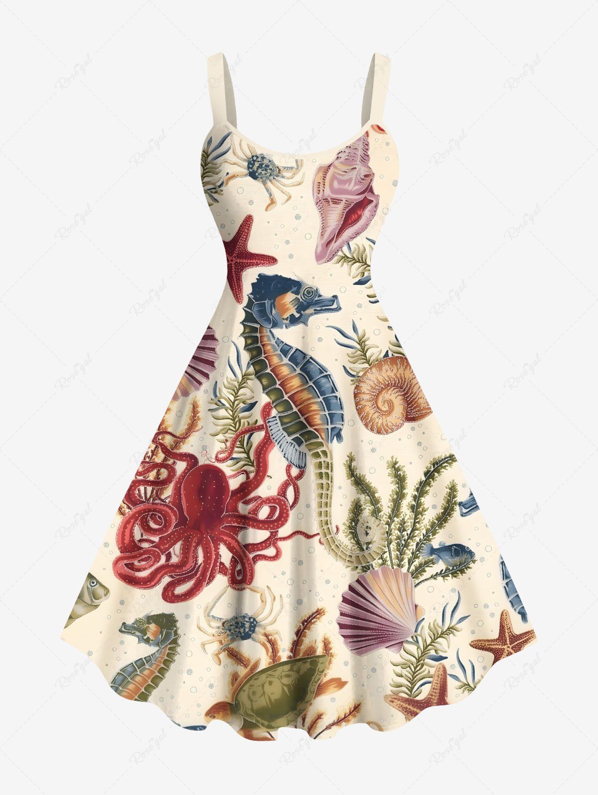 Outfit Plus Size Seahorse Starfish Water Grass Shell Octopus Turtle Print Hawaii Sea Creatures A Line Dress  
