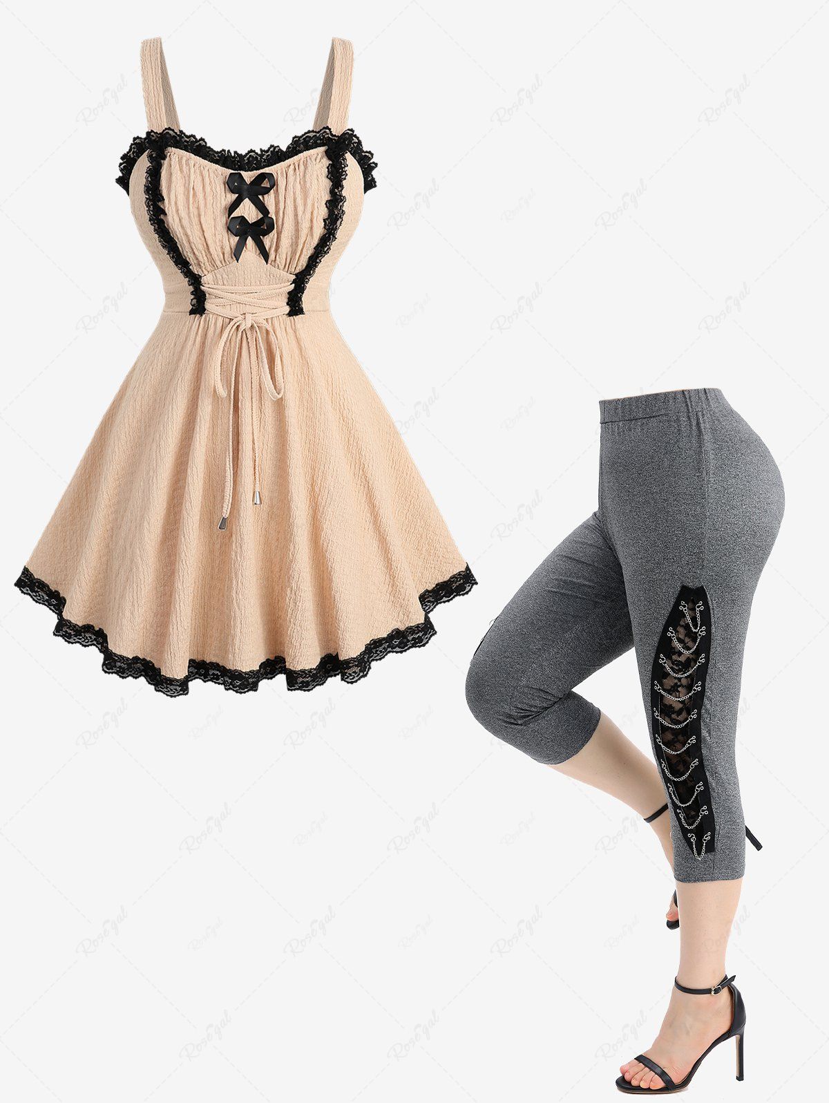 New Bowknot Textured Two Tone Top and Floral Lace Patchwork Lace-up Marled Capri Leggings Plus Size Outfit  