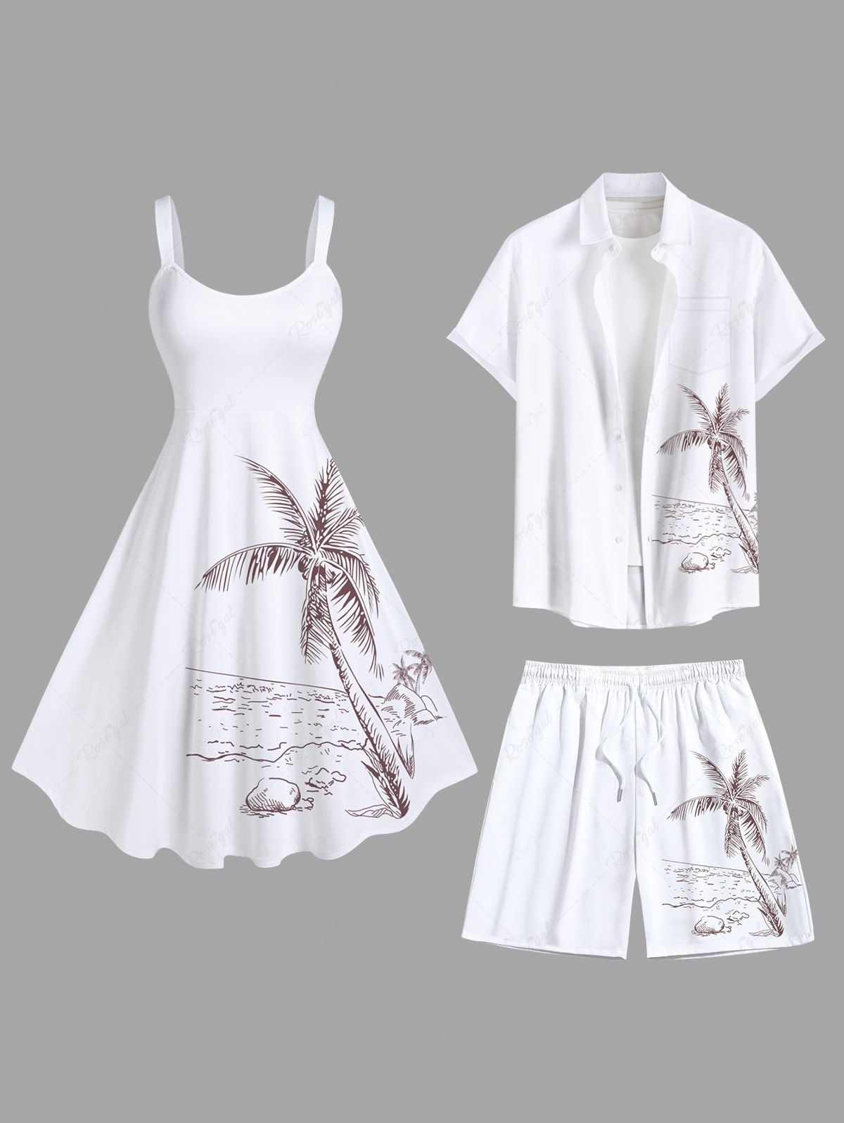 Fashion Coconut Tree Seascape Print Plus Size Matching Hawaii Beach Outfit For Couples  