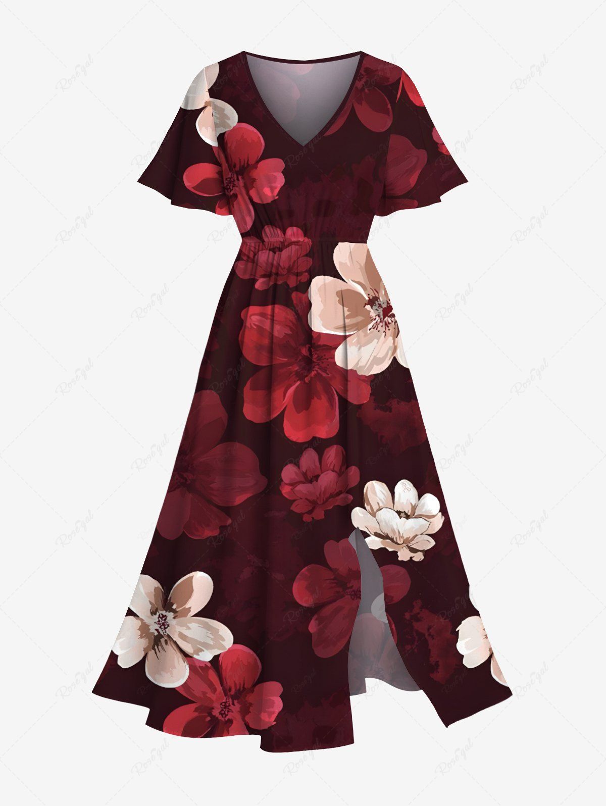 Shop Plus Size Ombre Floral Print Hawaii Split Pocket A Line Midi Dress  